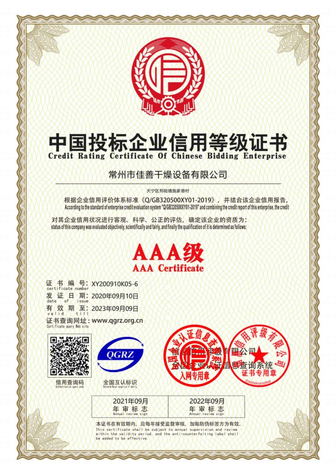 中国投资企业信用等级证书